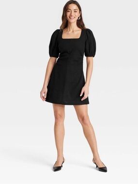 a new day Black Square-Neck Puff Sleeve Mini Dress
